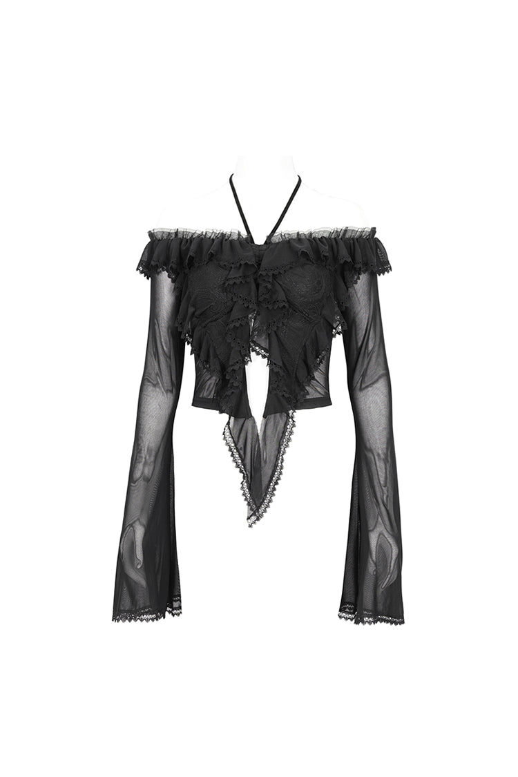 Black Lace Up Ruffled Trumpet Sleeves Mesh Women's Gothic Shirt