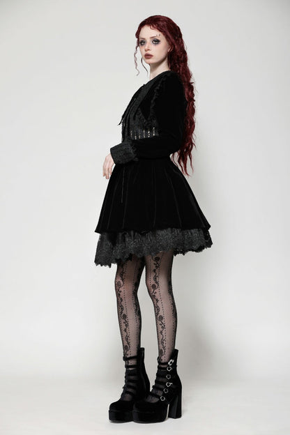 Black Long Sleeves Lace Women's Gothic Velvet Short Dress