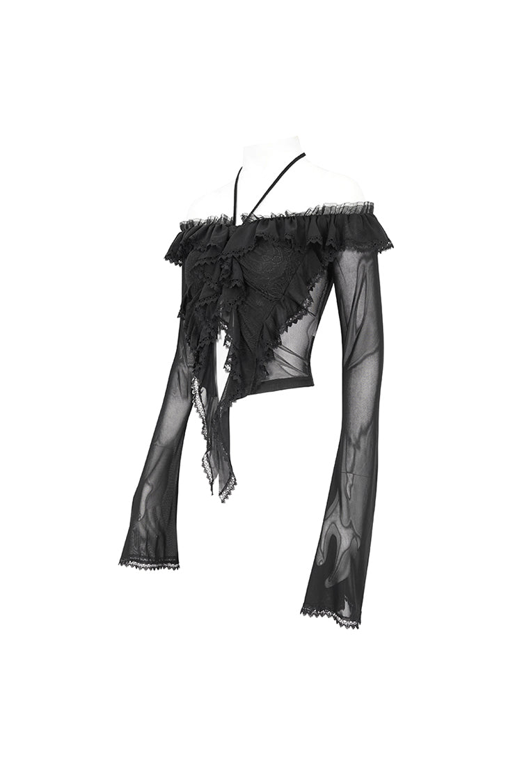 Black Lace Up Ruffled Trumpet Sleeves Mesh Women's Gothic Shirt