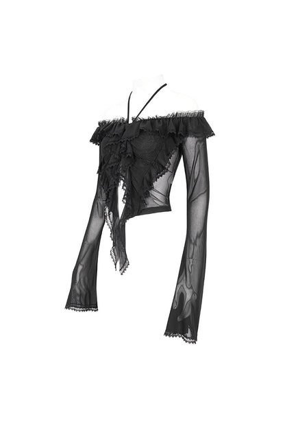 Black Lace Up Ruffled Trumpet Sleeves Mesh Women's Gothic Shirt