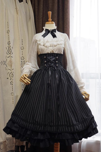 Black Multi-Layered Stripe Print Ruffle Lace-Up Classic College Style Elegant Lolita Skirt