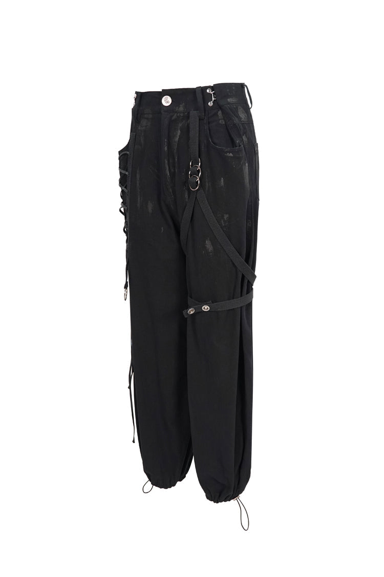 Black Irregular Print Single Side Frenulum Ring Legs Drawstring Closing Women's Punk Pants