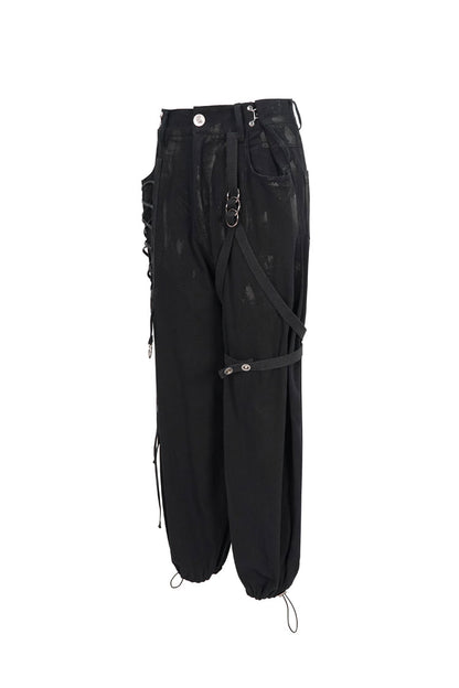Black Irregular Print Single Side Frenulum Ring Legs Drawstring Closing Women's Punk Pants