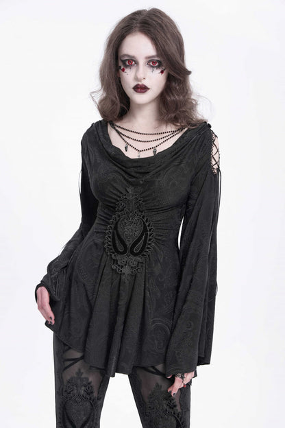 Black Long Trumpet Sleeves Print Embroidery Women's Gothic Blouse