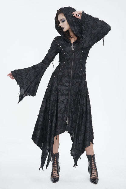 Black Long Trumpet Sleeves Irregular Hooded Womens Gothic Dress