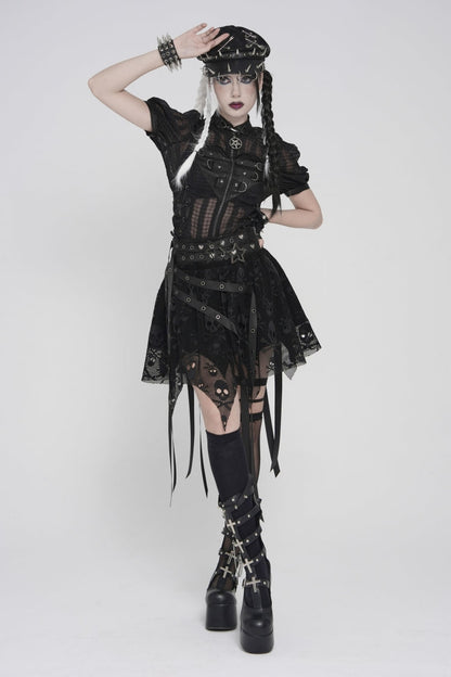 Black Double-Layered Lace Lace-Up Irregular Mesh Eyelet Women's Punk Skirt