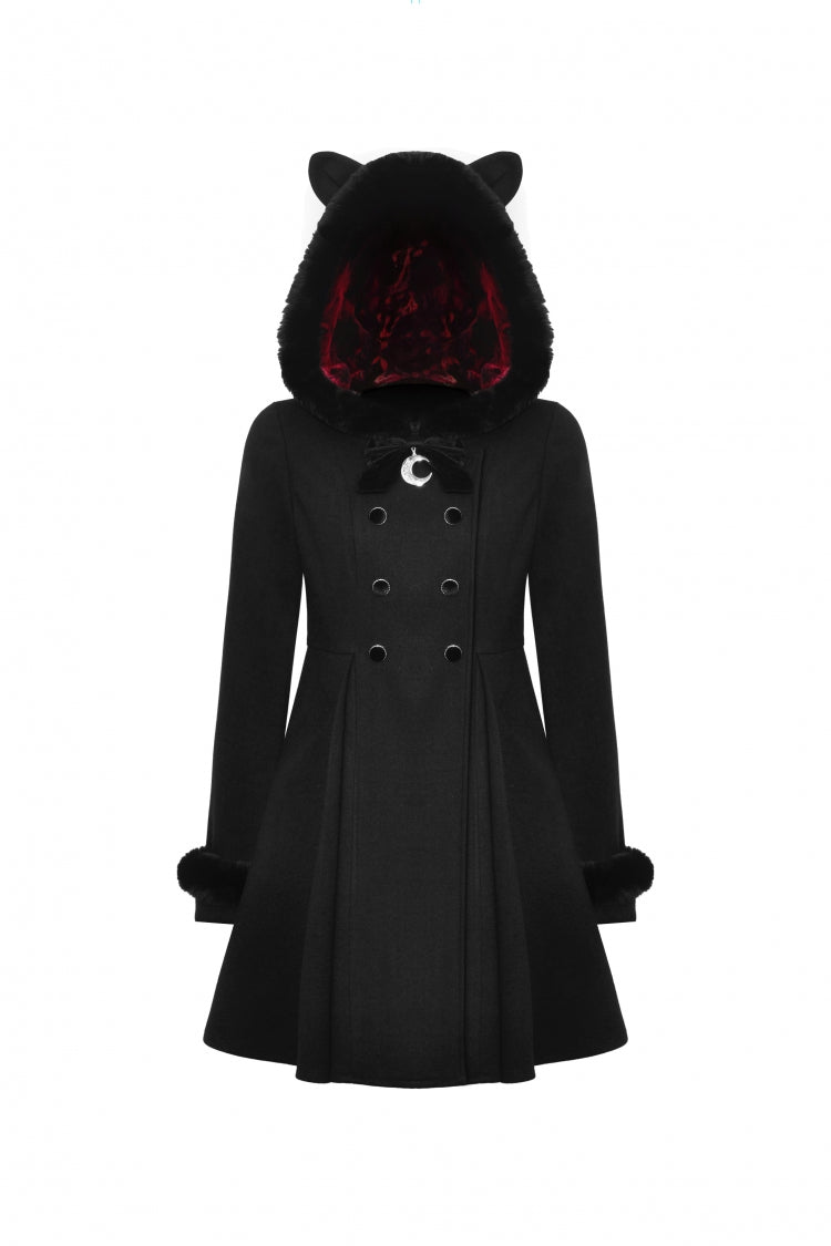 Black Long Sleeves Crescent Moon Bow Spliced Double-breasted Women's Gothic Coat with Cat Ear Hood