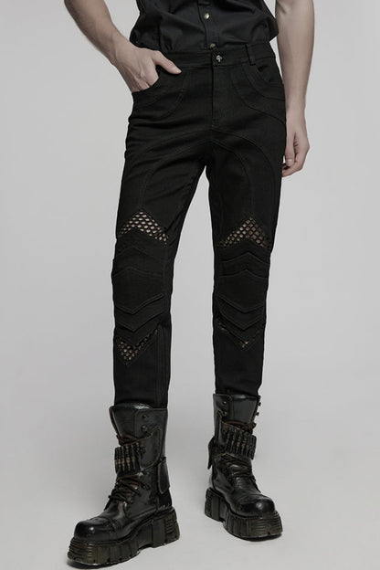 Black Pleated Stitching Mesh Men's Punk Pants