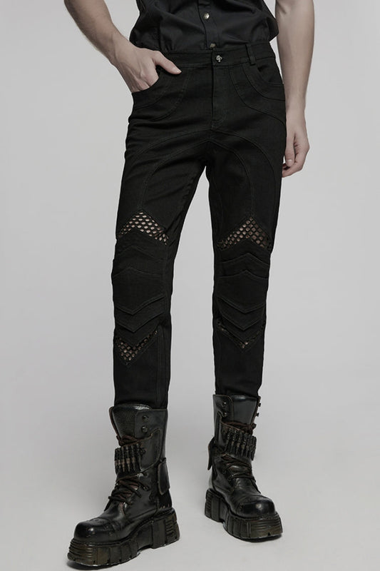 Black Pleated Stitching Mesh Men's Punk Pants