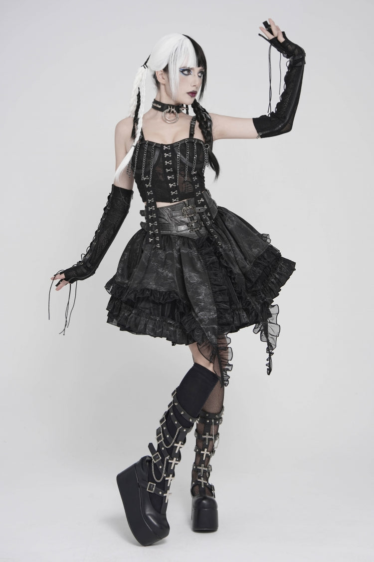 Black Off Shoulder Lace Lace-Up Slim Mesh Strappy Chain-Decorated Eyelet Women's Punk Corset