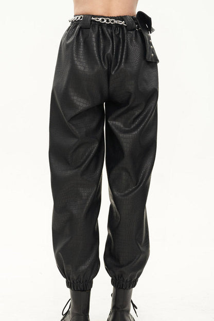Black Gothic Crocodile Pattern Metal Chain Design Lantern Leather Women's Pants