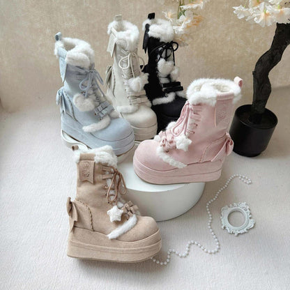 Beige Cute Platform Thick-Soled Bowknot Lace-Up Sweet Lolita Plush Boots
