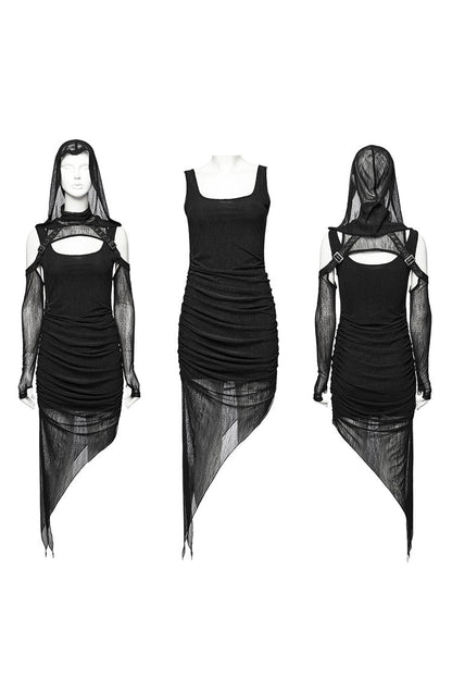Black Off Shoulder Long Sleeves Irregular Hooded Women's Punk Dress