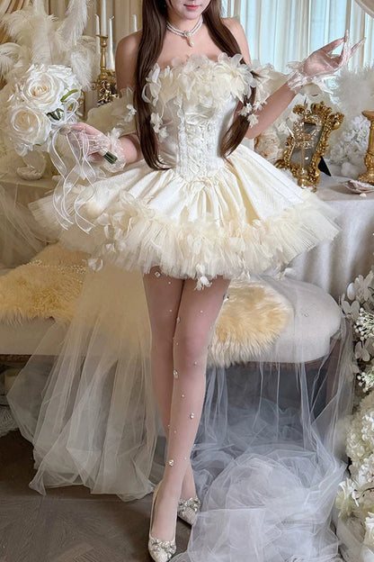 Apricot [Dream Confession] Sleeveless Multi-Layered Ruffled Hanayome Bow Lace Lace-Up Sweet Lolita Jsk Dress Short Version