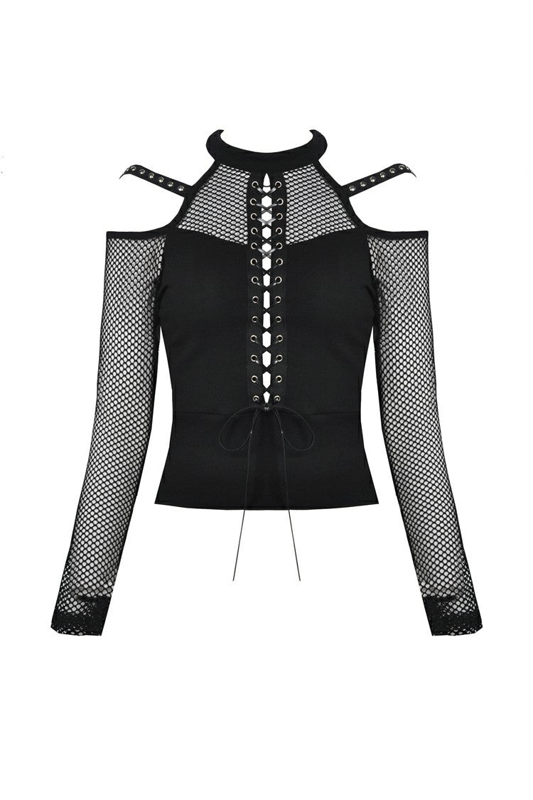Black Off Shoulder Long Sleeves Lace-Up Mesh Women's Punk Top