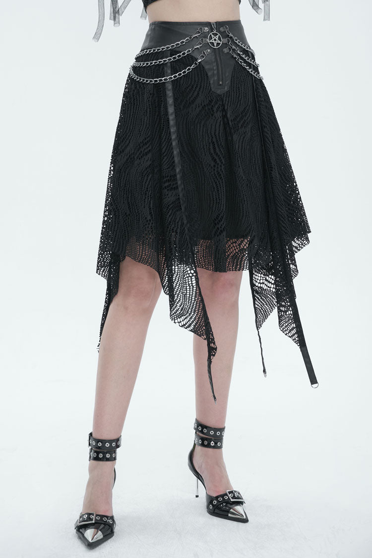 Black Irregular Half Hollow Knit Metal Chain Decorated Women's Punk Skirt