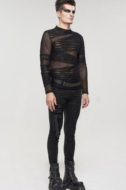 Black Gothic Bandage Design Net Yarn Perspective Men's Sweater
