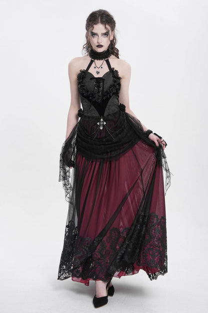 Black Halterneck Sleeveless Embroidery Stitching Rose Heart Lace Women's Gothic Blouse