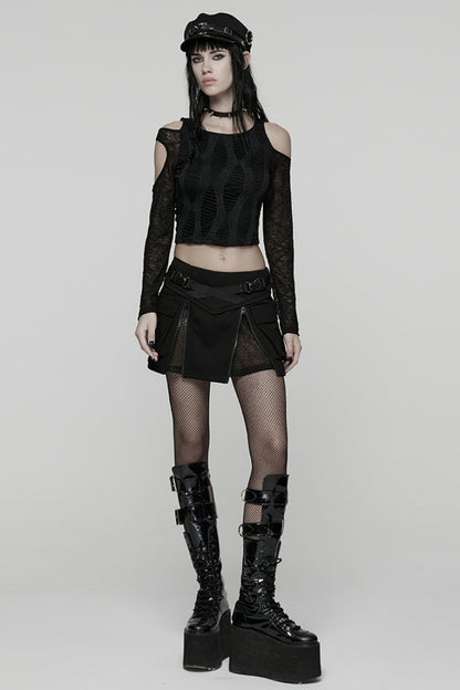 Black Off Shoulder Long Sleeves Spliced Mesh Pleated Women's Punk Top