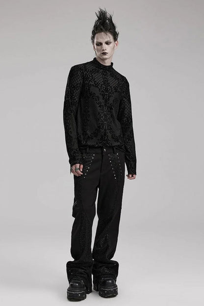 Black High Collar Long Sleeves Flocking Print Mens Gothic T-Shirt