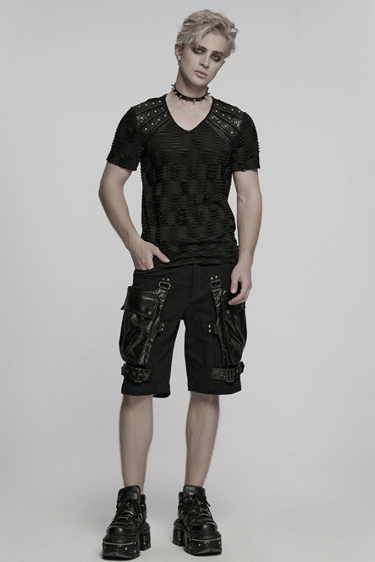 Black Big-pocket Faux Leather Stitching Men's Punk Shorts