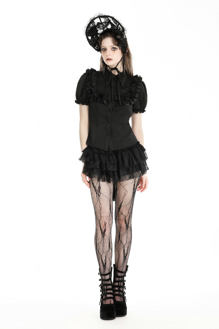 Black Point Collar Short Puff Sleeves Ruffled Women's Gothic Blouse