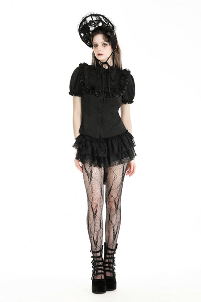 Black Point Collar Short Puff Sleeves Ruffled Women's Gothic Blouse