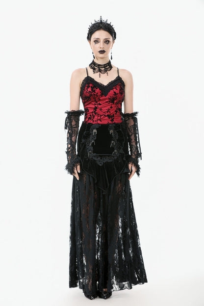 Black Multi-Layered Ruffled Velvet Spliced Lace Lace-Up Women's Gothic Long Skirt