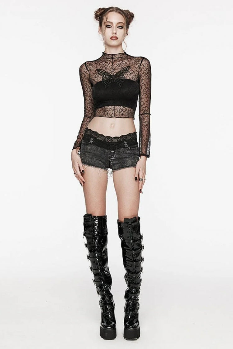 Black Long Sleeves Butterfly Embroidery Sheer Mesh Women's Gothic T-Shirt