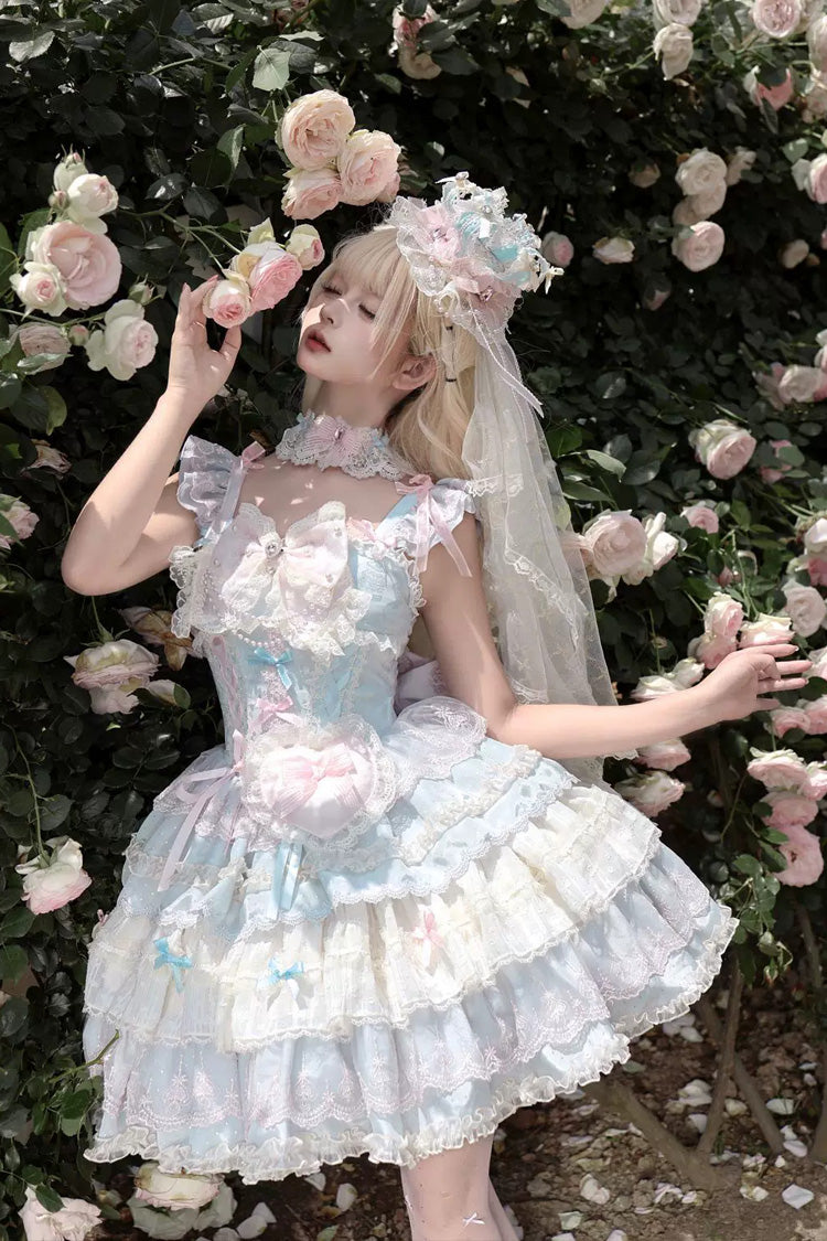 Bkue/Pink [Cloudwhale Dreamweaver] Square Collar Multi-Layered Ruffled Bow Lace Sweet Lolita Jsk Dress
