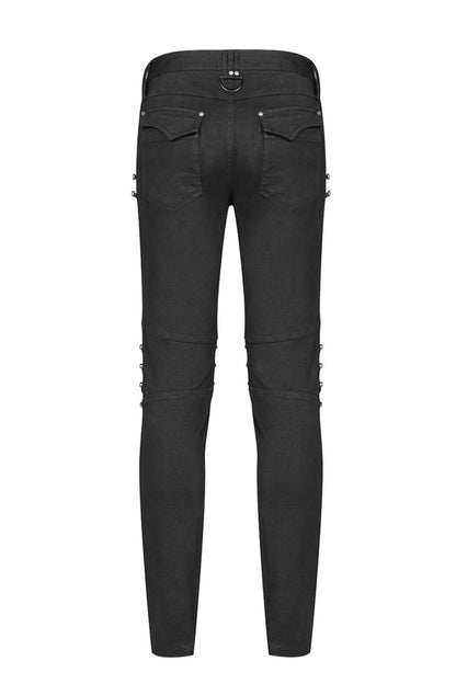 Black Military Uniform Buckle Skinny PU Leather Men's Punk Pants