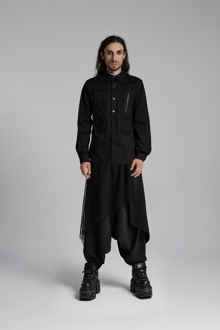 Black Lapel Collar Long Sleeves Zip Mesh Pocket Men's Punk Blouse