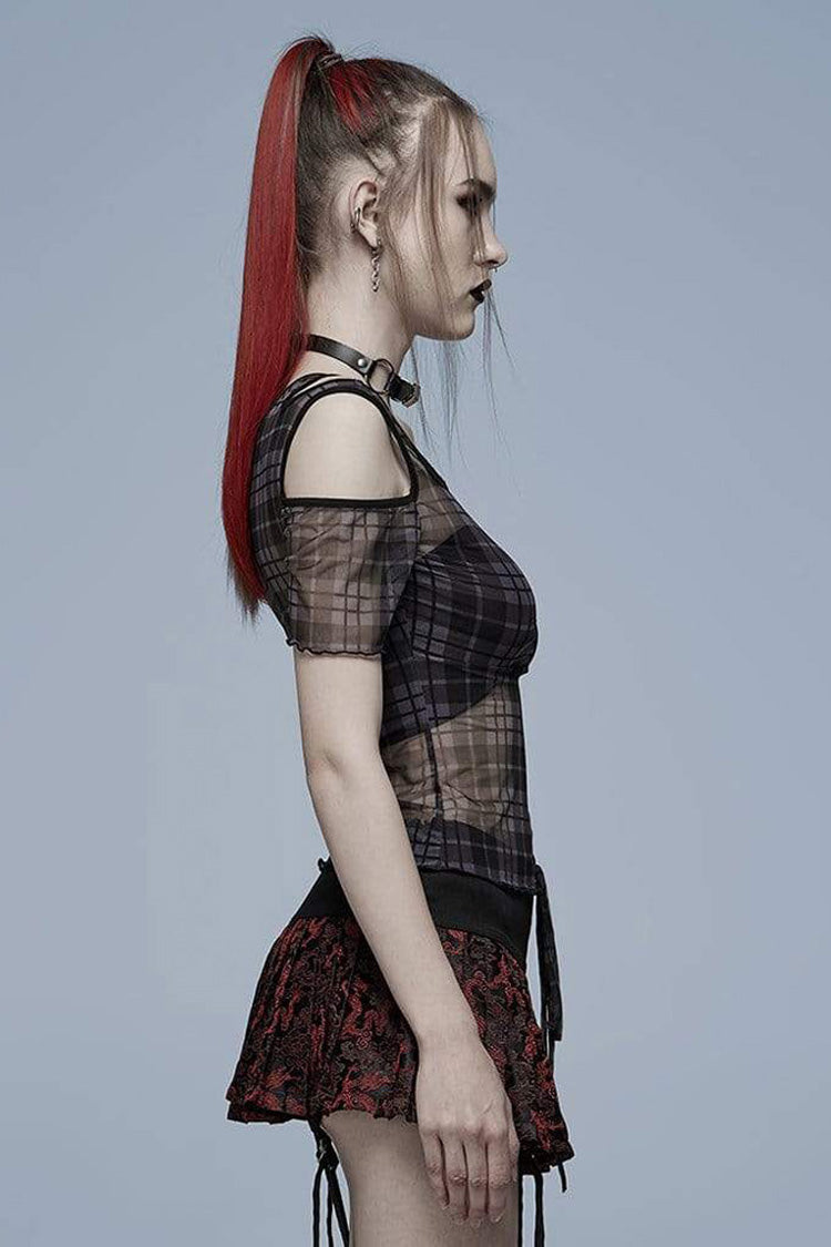 Asymmetrical Cutout Neckline Strap Design Plaid Mesh Women's Punk T-Shirt
