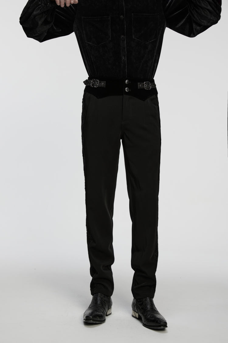 Black Embroidered Lace Buckled Men's Gothic Pants