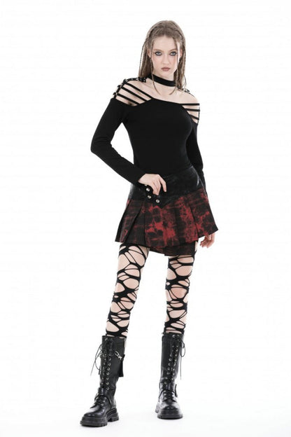 Black Off Shoulder Long Sleeves Cut-Out Buckled Women's Punk Blouse