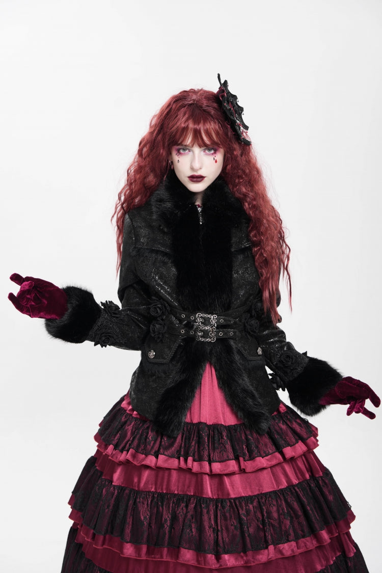 Black Long Sleeves Rose Floral Embroidery Buckle Straps Women's Gothic Coat