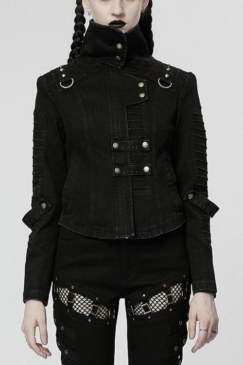 Black Denim Slant Pocket Washed Distressed Stretch Women's Punk Jacket