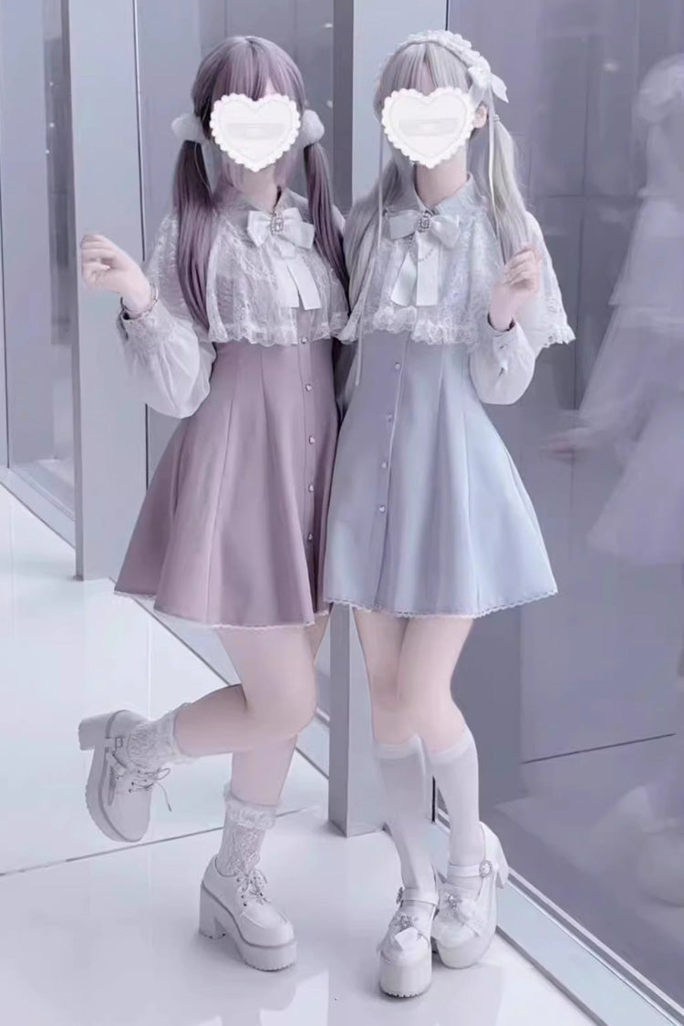 Aqua Shawl Lace Chiffon Long Sleeves Lace Slim Jirai Kei Dress