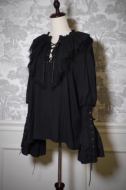 Black Pirate Series Navigation Treasure Hunting Guide V Collar Long Hime Sleeves Ouji Lolita Blouse