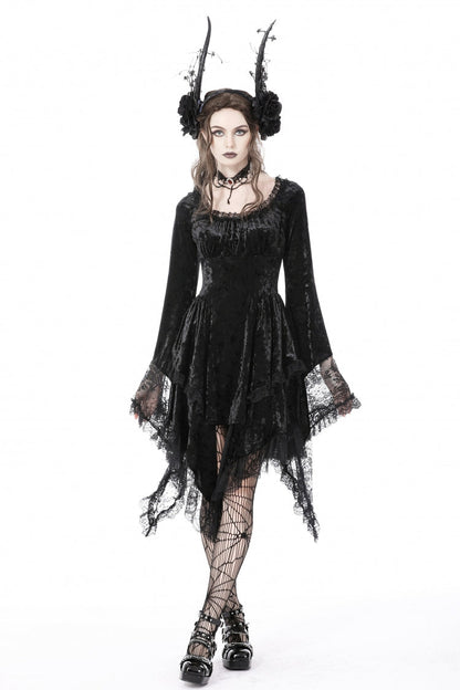 Black Irregular Long Trumpet Sleeves Lace Spliced Women's Gothic Velvet Graduation Dress