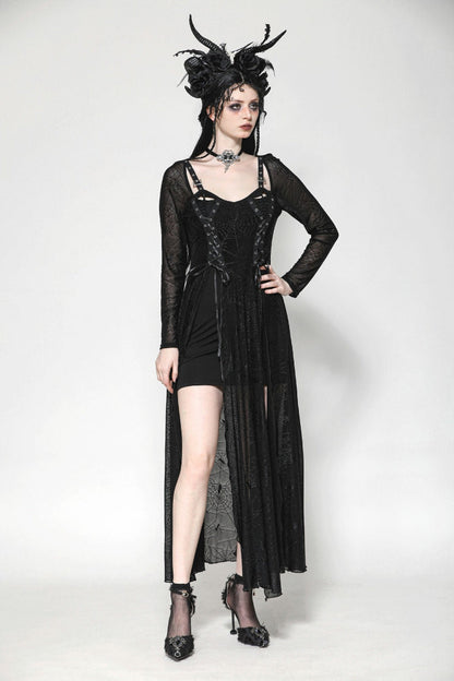 Black Long Sleeves Lace-Up Spiderweb Women's Gothic Elegant Witch Long Dress