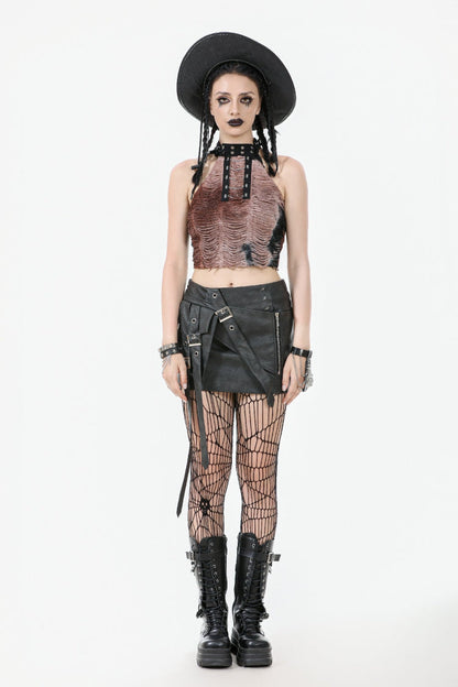 Black Faux Leather Straps Zippered Women's Punk Short Skirt