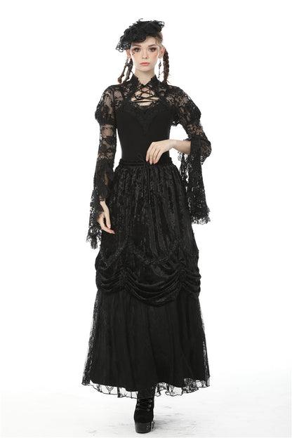 Black Long Puff Sleeves Sheer Floral Lace Lace-Up Women's Gothic Cape