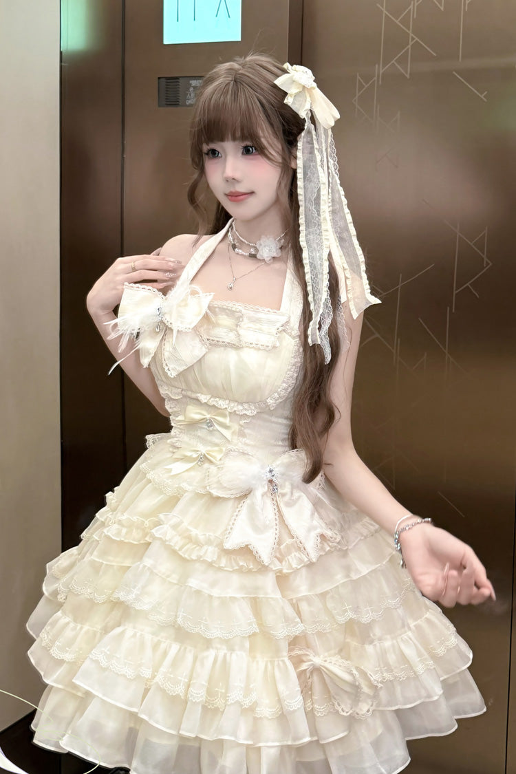Apricot [Swan Overture] Halterneck Sleeveless Multi-Layered Ruffle Bowknot Lace Sweet Lolita Dress
