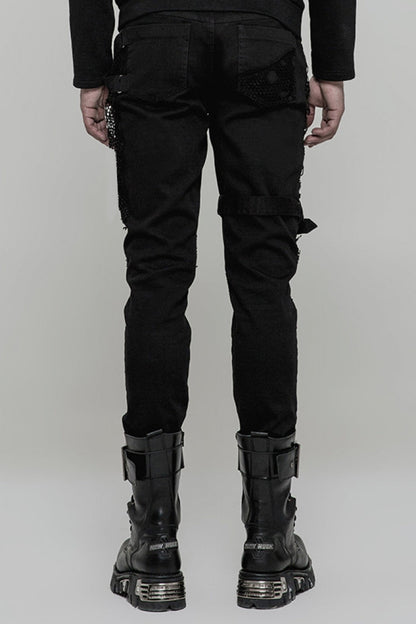Black Metal Ring Buckles Stitching Mesh Men's Steampunk Pants
