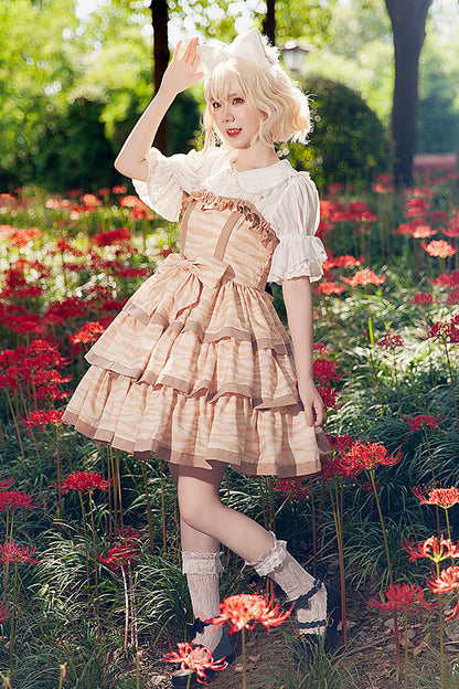 Apricot [Cloth Cat] Triple-Layered Print Ruffle Bowknot Sweet Lolita Dress
