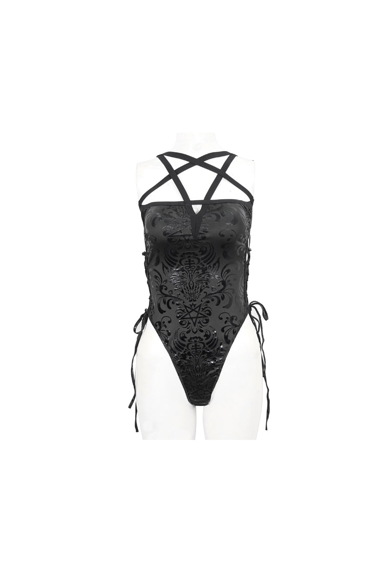 Black Pentagram Print Side Cutout Strap Women's Gothic One Piece Swimsuit