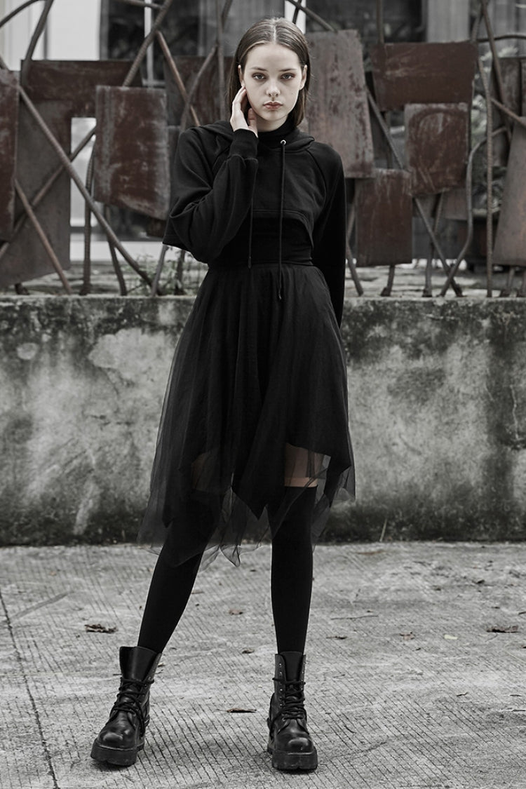 Black Demon Horn Decoration Long Sleeves Lace-Up Hooded Women's Gothic Coat