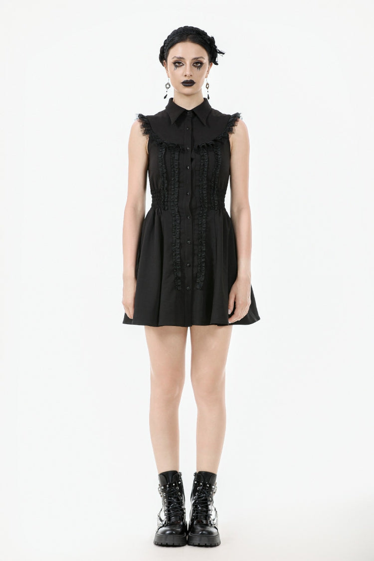 Black Lapel Collar Sleeveless Lace Women's Gothic Button-Front Dress Graduation Dress