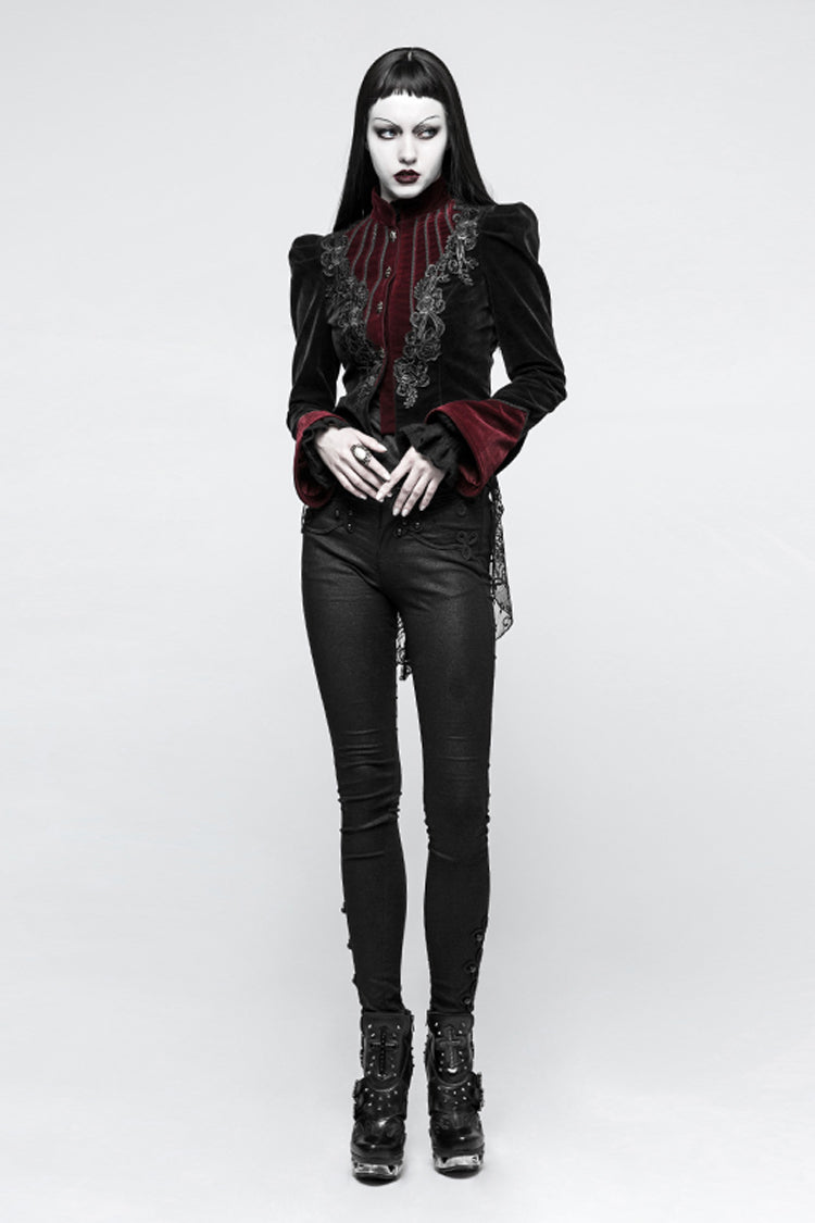 Black 3D Floral Decoration Stand Collar Long Sleeves Womens Gothic Jacket